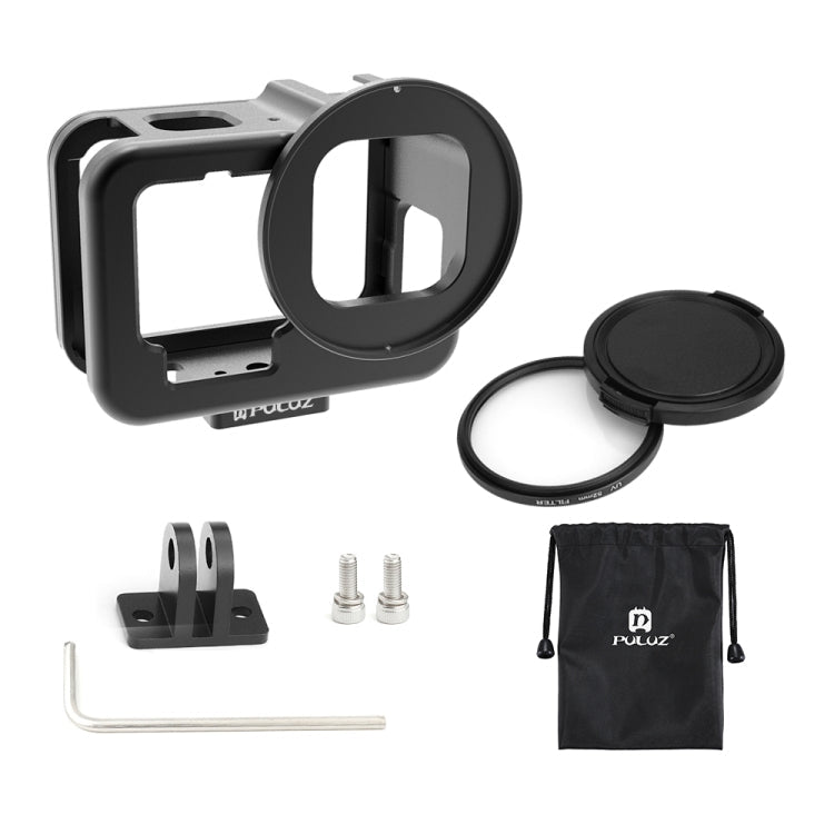 PULUZ CNC-Aluminiumlegierung dünnes Gehäuse für GoPro HERO12/11/10/9 Black mit Schutzrahmen & 52-mm-UV-Objektiv (Schwarz)