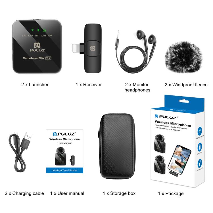 PULUZ kabelloses Lavalier-Mikrofon für iPhone / iPad, 8-Pin-Empfänger und zwei Mikrofone (Schwarz)