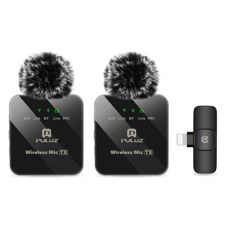 PULUZ kabelloses Lavalier-Mikrofon für iPhone / iPad, 8-Pin-Empfänger und zwei Mikrofone (Schwarz)
