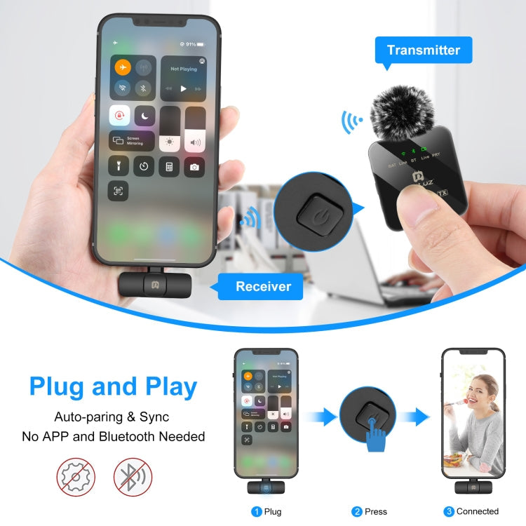 PULUZ kabelloses Lavalier-Mikrofon für iPhone / iPad, 8-Pin-Empfänger und zwei Mikrofone (Schwarz)