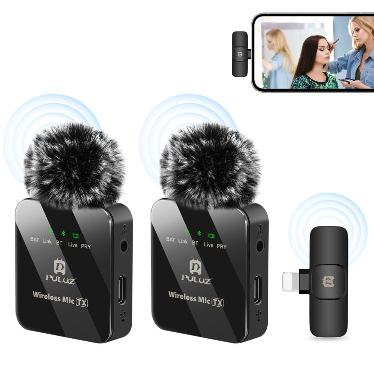 PULUZ kabelloses Lavalier-Mikrofon für iPhone / iPad, 8-Pin-Empfänger und zwei Mikrofone (Schwarz)