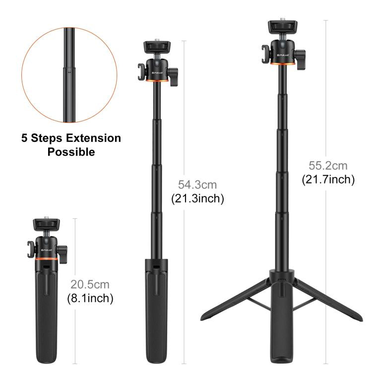 PULUZ Mini Telefon-Kamera-Verlängerungsstativ 360-Grad-Kugelkopf-Blitzschuh-Selfie-Stick, Telefon-Kamera-Stativ