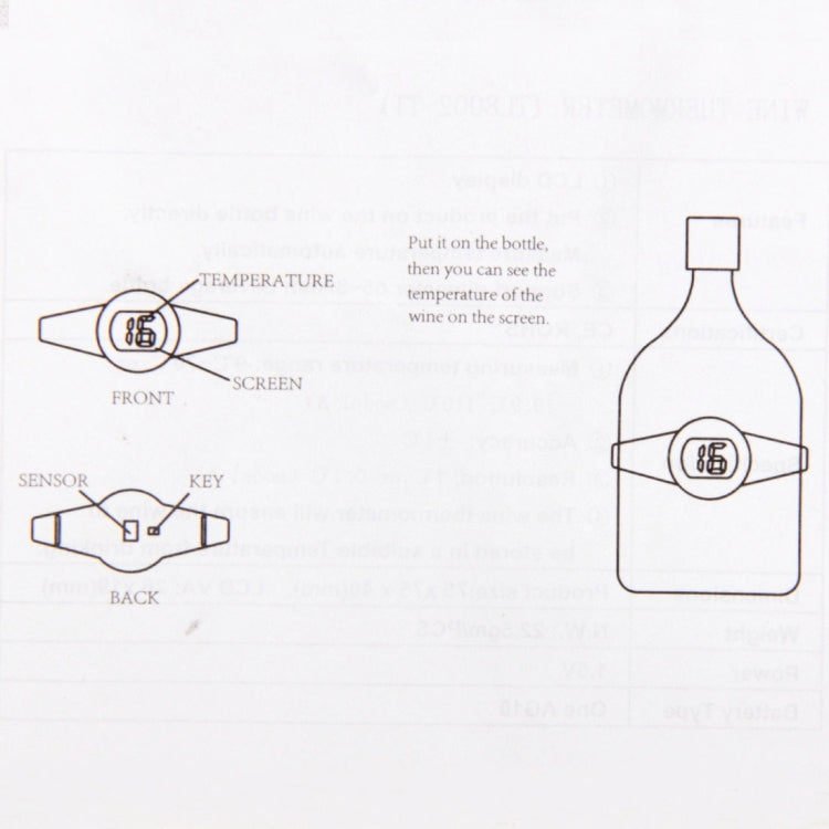 Celsius Degree Digital LCD Display Wine Bottle Thermometer, Suitable Bottle Diameter: 65-80mm (Black + Silver), TL802-TT
