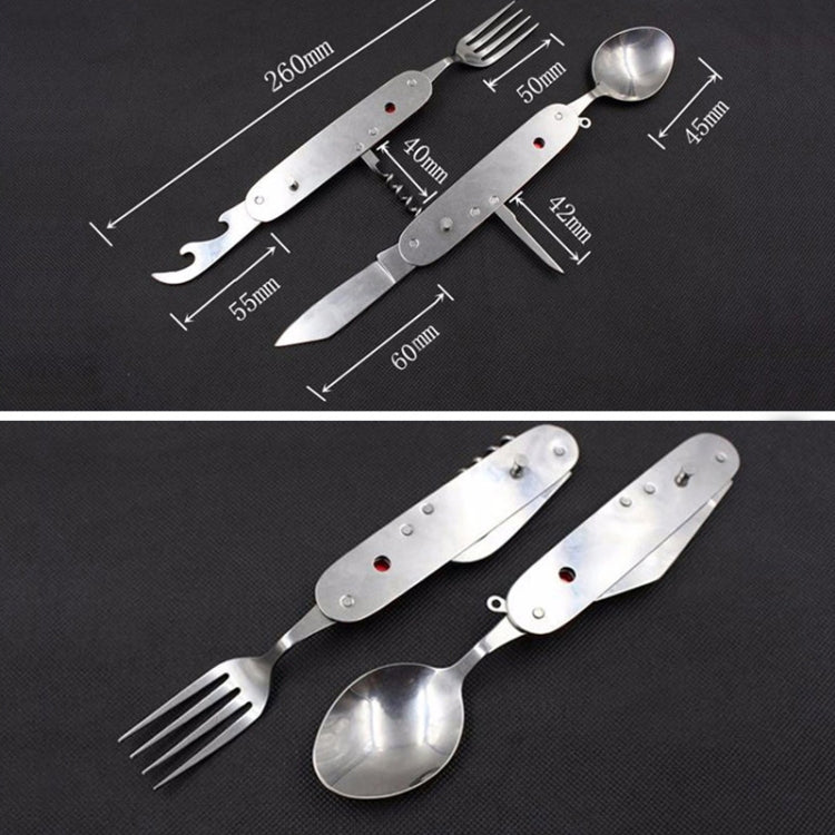6-in-1 Edelstahl Reise- / Camping-Klappbesteck-Set, Löffel + Gabel + Messer + Flaschenöffner-Set
