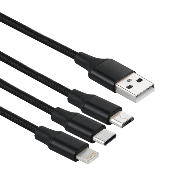 2A 1.2m 3 in 1 USB to 8 Pin & USB-C / Type-C & Micro USB Nylon Weave Charging Cable