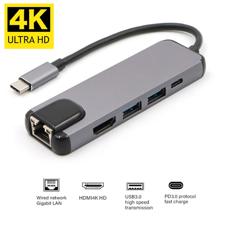 USB-C/Type-C auf HD 4K HDMI + RJ45 + USB 3.0 + USB 2.0 + PD 5-in-1 HUB-Adapter