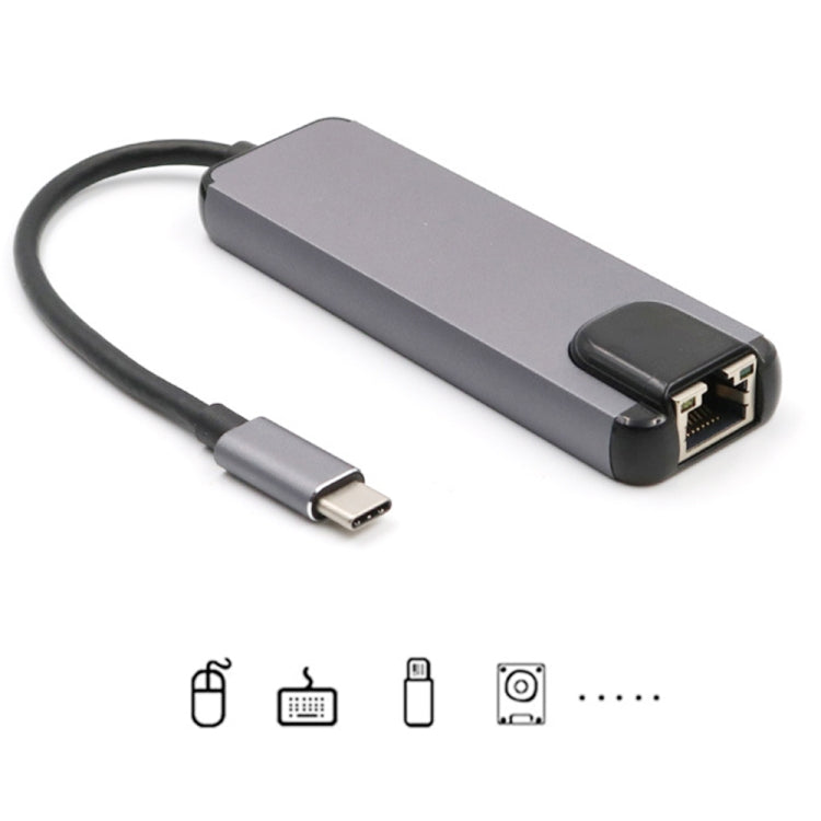 USB-C/Type-C auf HD 4K HDMI + RJ45 + USB 3.0 + USB 2.0 + PD 5-in-1 HUB-Adapter