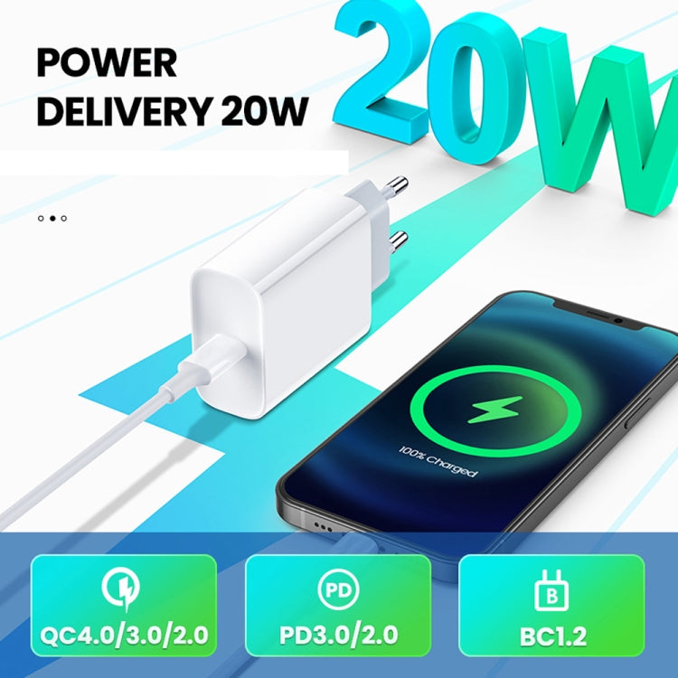 2-in-1 PD 20W Einzel USB-C / Typ-C Port Reise Ladegerät + 3A PD3.0 USB-C / Typ-C auf 8 Pin Schnelllade-Datenkabel Set, Kabellänge: 2m, EU Stecker, 20W 2m