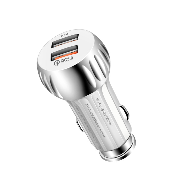 YSY-310QC18W QC3.0 Dual Port USB Car Charger for Apple / Huawei / Samsung / Xiaomi(White)