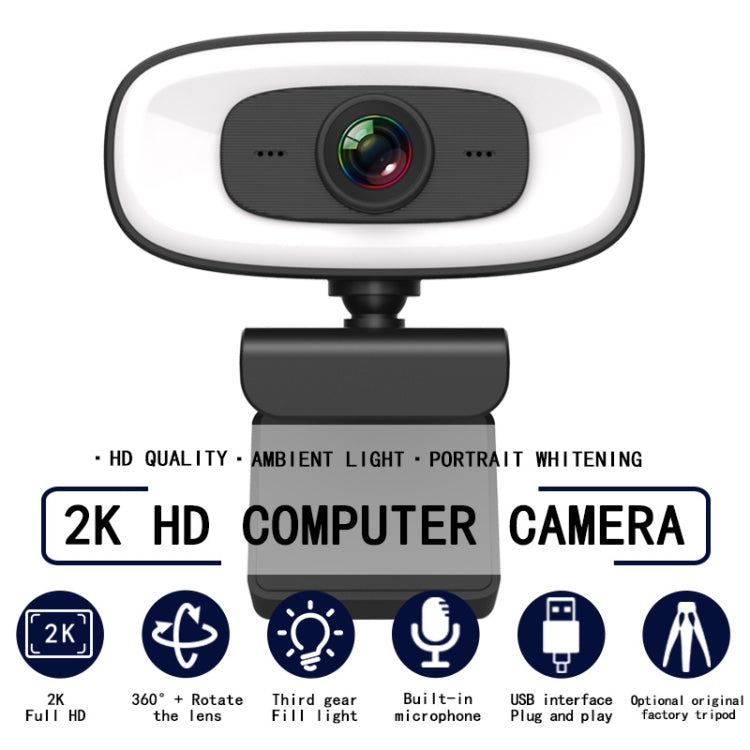 C10 2K HD verzerrungsfreie 360-Grad-drehbare Webcam mit dreistufigem Aufhelllicht, USB-Plug-and-Play, eingebautes Mikrofon für klarere Tonqualität