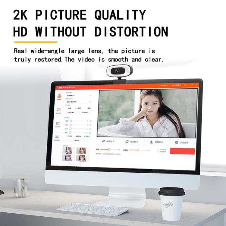 C10 2K HD verzerrungsfreie 360-Grad-drehbare Webcam mit dreistufigem Aufhelllicht, USB-Plug-and-Play, eingebautes Mikrofon für klarere Tonqualität