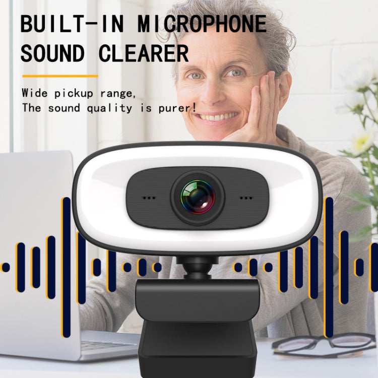 C10 2K HD verzerrungsfreie 360-Grad-drehbare Webcam mit dreistufigem Aufhelllicht, USB-Plug-and-Play, eingebautes Mikrofon für klarere Tonqualität