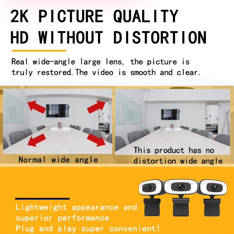 C10 2K HD verzerrungsfreie 360-Grad-drehbare Webcam mit dreistufigem Aufhelllicht, USB-Plug-and-Play, eingebautes Mikrofon für klarere Tonqualität