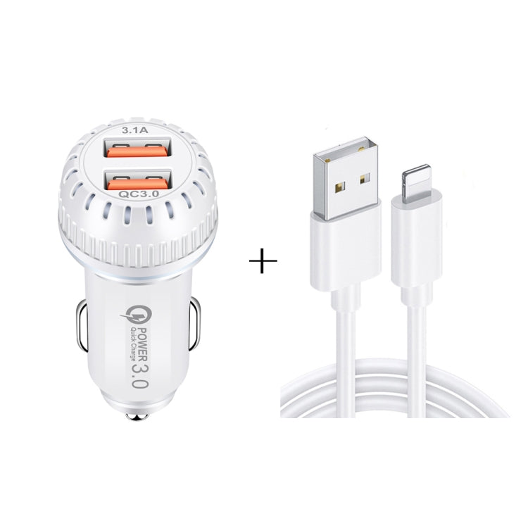 YSY-349 QC3.0 Dual Port USB Auto-Ladegerät + 3A USB zu 8 Pin Datenkabel, Länge: 1m, mit 8 Pin Kabel