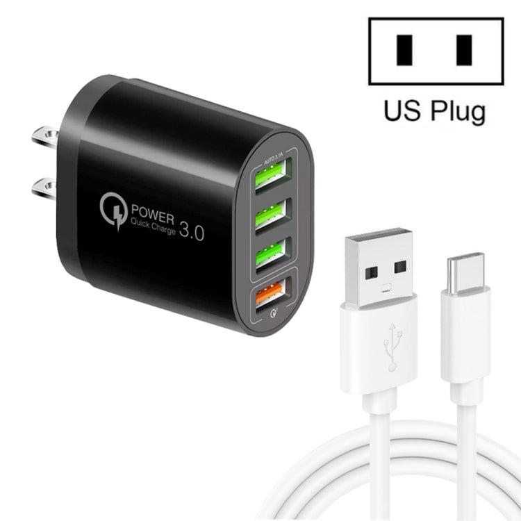 QC-04 QC3.0 + 3 x USB2.0 Multi-Port-Ladegerät mit 3A USB-auf-Typ-C-Datenkabel, US-Stecker (Schwarz)