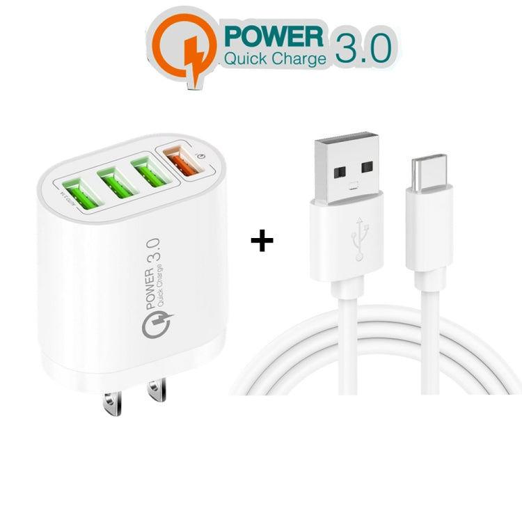 QC-04 QC3.0 + 3 x USB2.0 Multi-Port-Ladegerät mit 3A USB-auf-Typ-C-Datenkabel, US-Stecker (Schwarz)
