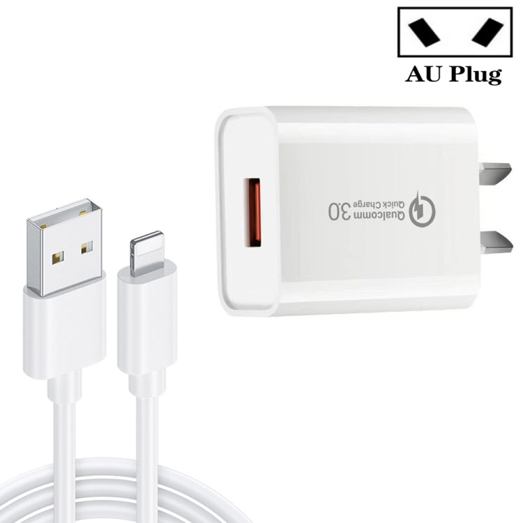 CA-25 QC3.0 USB 3A Fast Charger with USB to 8 Pin Data Cable, AU Plug, AU Plug + 8 Pin Cable