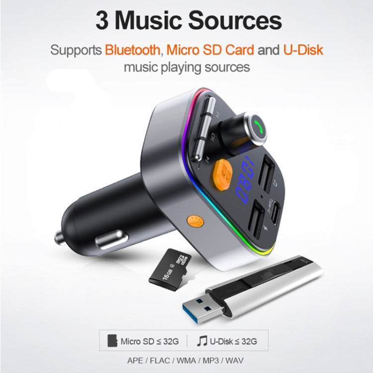 T48C Car Bluetooth 5.0 Fm Transmitter Kit Dual USB with Type-C 5V 2.4A Car Charger, T48C