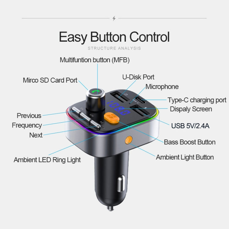 T48C Car Bluetooth 5.0 Fm Transmitter Kit Dual USB with Type-C 5V 2.4A Car Charger, T48C