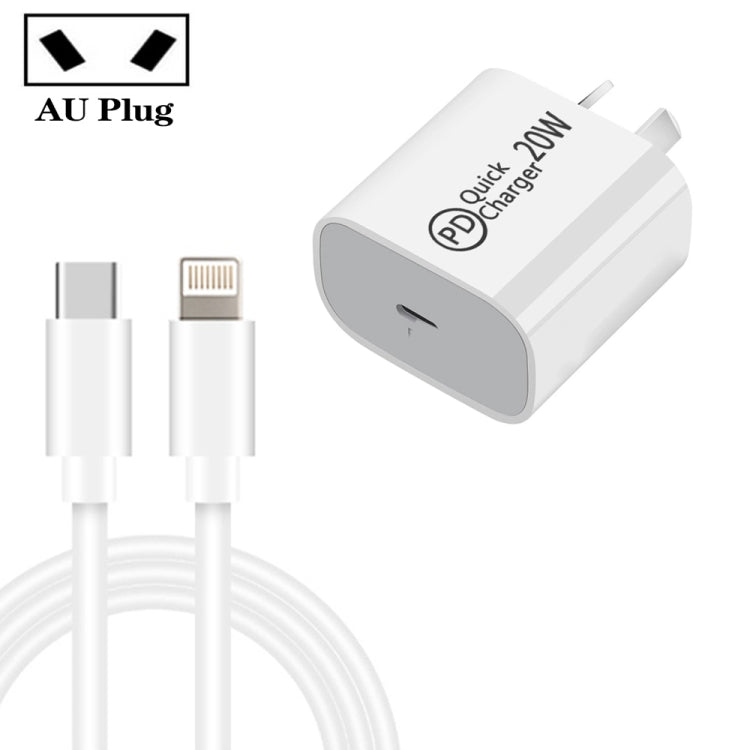 AU-20W PD USB-C / Type-C Reiseladegerät mit USB-C auf 8-Pin Datenkabel, AU Stecker, AU Stecker + 1m 8-Pin PD Kabel, AU Stecker + 2m 8-Pin PD Kabel