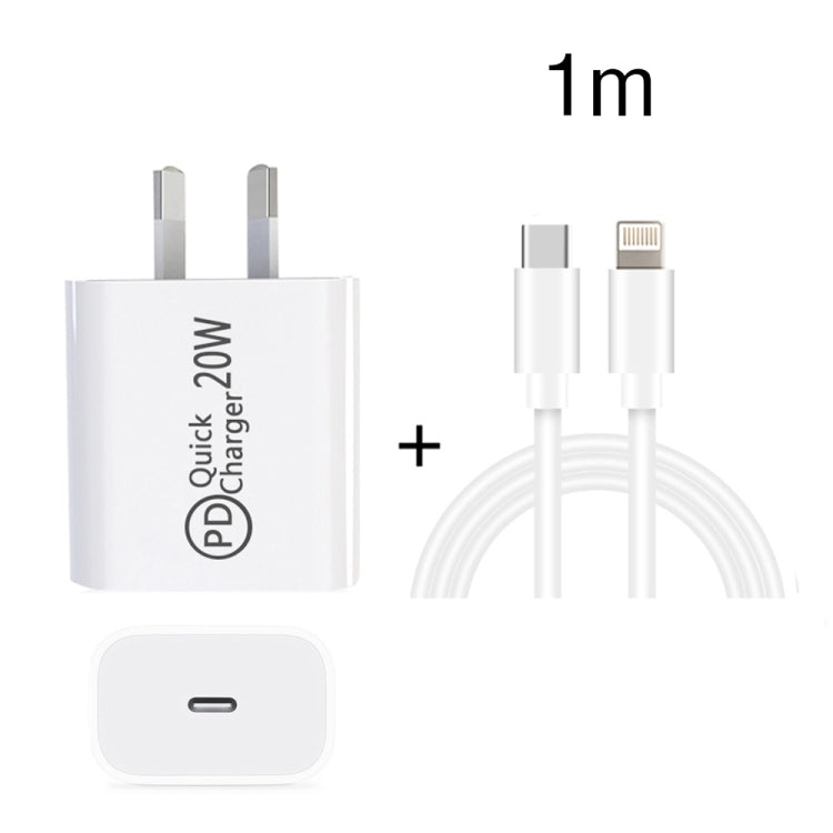 AU-20W PD USB-C / Type-C Reiseladegerät mit USB-C auf 8-Pin Datenkabel, AU Stecker, AU Stecker + 1m 8-Pin PD Kabel, AU Stecker + 2m 8-Pin PD Kabel