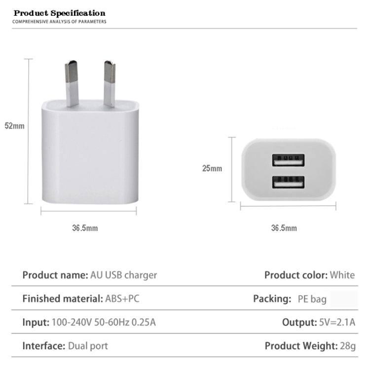 Mini-Dual-Port-USB-Ladegerät mit USB-auf-8-Pin-Datenkabel, AU-Stecker, AU-Stecker + 8-Pin-Kabel