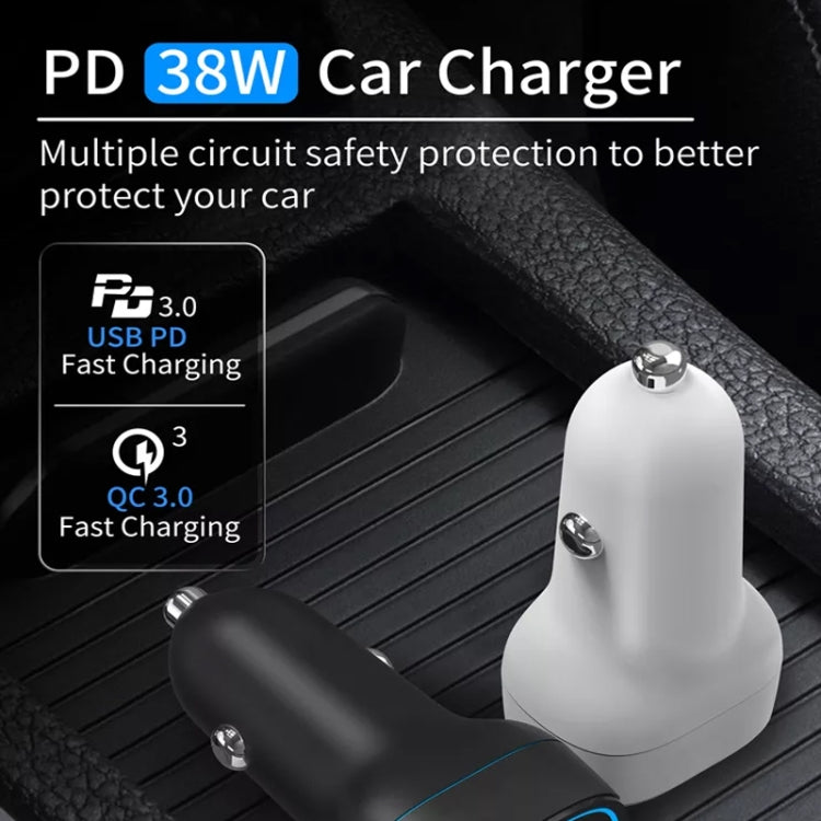 38W PD20W  QC3.0 USB Car Charger with USB to Type-C Data Cable, Length: 1m(White)