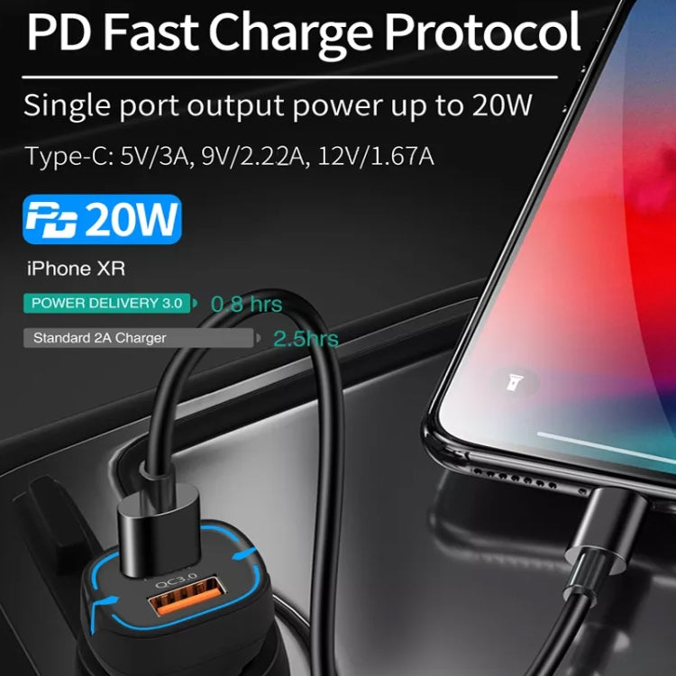 38W PD20W  QC3.0 USB Car Charger with USB to Type-C Data Cable, Length: 1m(Black)