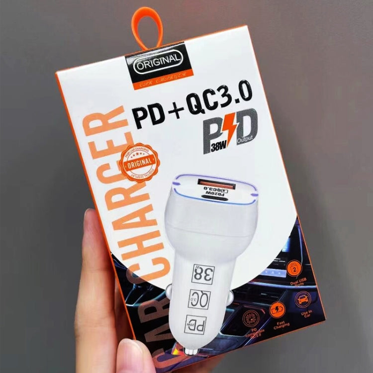 38W PD20W  QC3.0 USB Car Charger with USB to Type-C Data Cable, Length: 1m(White)