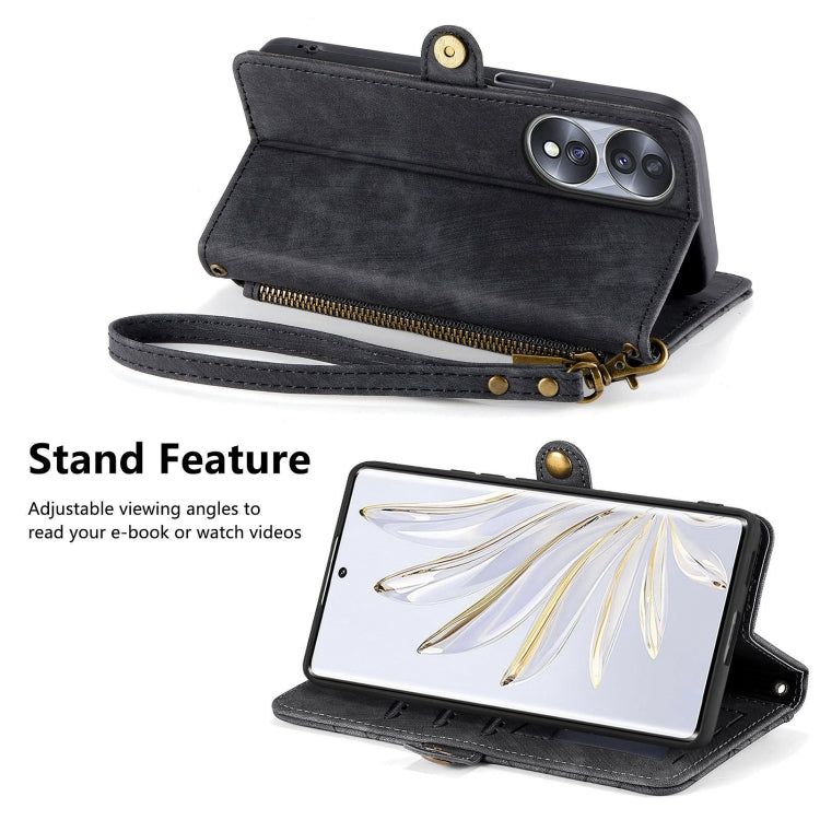 For Honor 70 Geometric Zipper Wallet Side Buckle Leather Phone Case(Black)