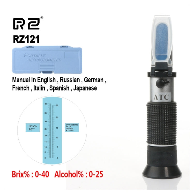 Alcohol Refractometer Sugar Grape Wine Concentration 0~25% Alcohol 0~40% Brix Tester Meter ATC Handheld Tool RZ121