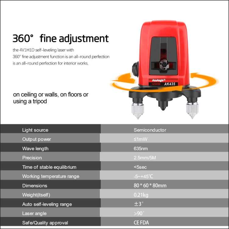 AK435 Laser Level 3D Self Leveling 2 Line Lasers Horizontal Vertical Lasers Level 360 Tripod Mini Laser Levels