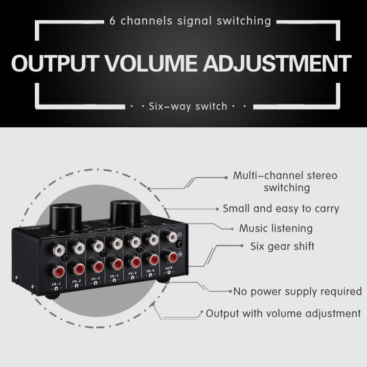 B016 6 Input 1 Output Audio Signal Source Selection Switcher, Output Volume Adjustment Control RCA Port, 6 Input 1 Output