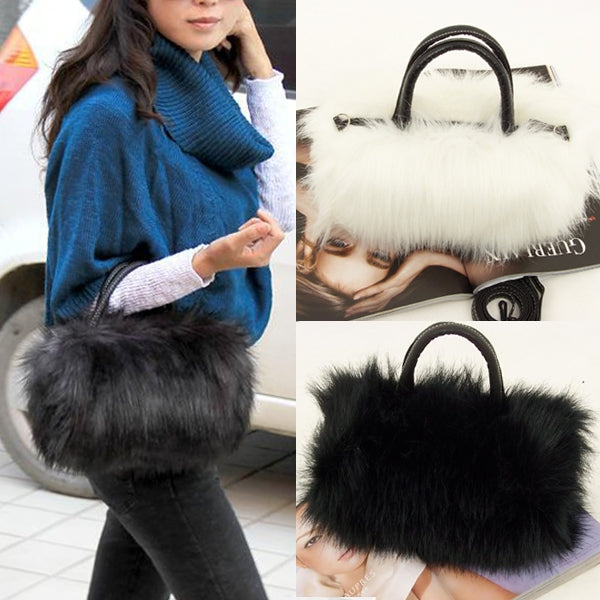 Fashion Lady PU Leather Synthetic Fur Handbag Shoulder Bag (Black)