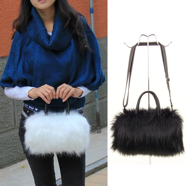 Fashion Lady PU Leather Synthetic Fur Handbag Shoulder Bag (Black)