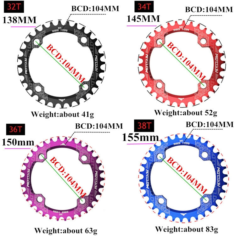 MOTSUV Rundes Narrow-Wide-Kettenblatt MTB Fahrrad 104BCD Zahnkranz-Teile, Scheibe 32T, Scheibe 34T, Scheibe 36T, Scheibe 38T, Elliptisches Kettenblatt 32T