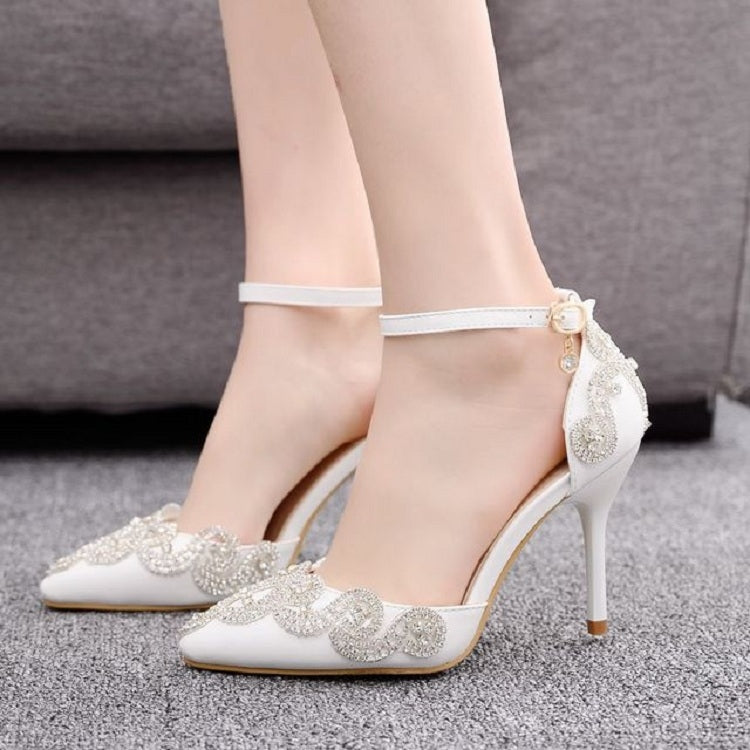 Strass Stiletto Pumps mit spitzer Kappe für Damen, Größe:40(Weiß)