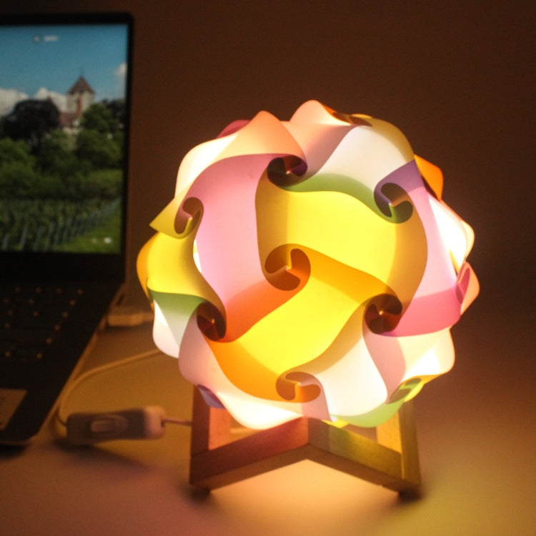 Creative Bedroom Bedside Night Light USB Round Romantic Room Decoration Lamp with Wood Base, DIY Material Kit, Finished Product