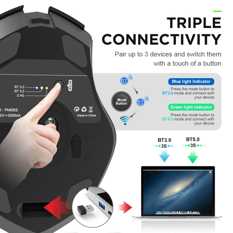 Inphic A1 6-Tasten 1000/1200/1600 DPI Home Gaming kabellose mechanische Maus, Farbe: Grau Kabellos+Bluetooth 4.0+Bluetooth 5.0, Schwarz Kabelloses Laden Silent-Version, Grau Kabelloses Laden Silent-Version, Grau Kabellos+Bluetooth 4.0+Bluetooth 5.0
