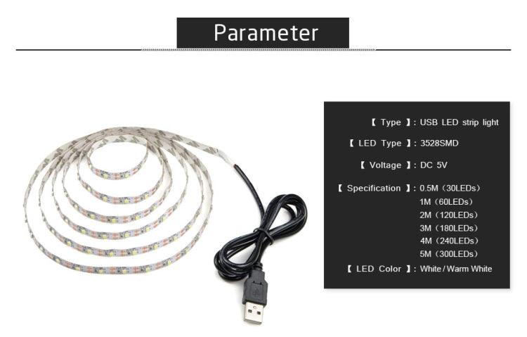 USB-betriebener SMD 2835 Epoxidharz-LED-Streifen für weihnachtliche Tischdeko, TV-Hintergrundbeleuchtung, 50 cm, 1 m, 2 m, 3 m, 4 m, 5 m
