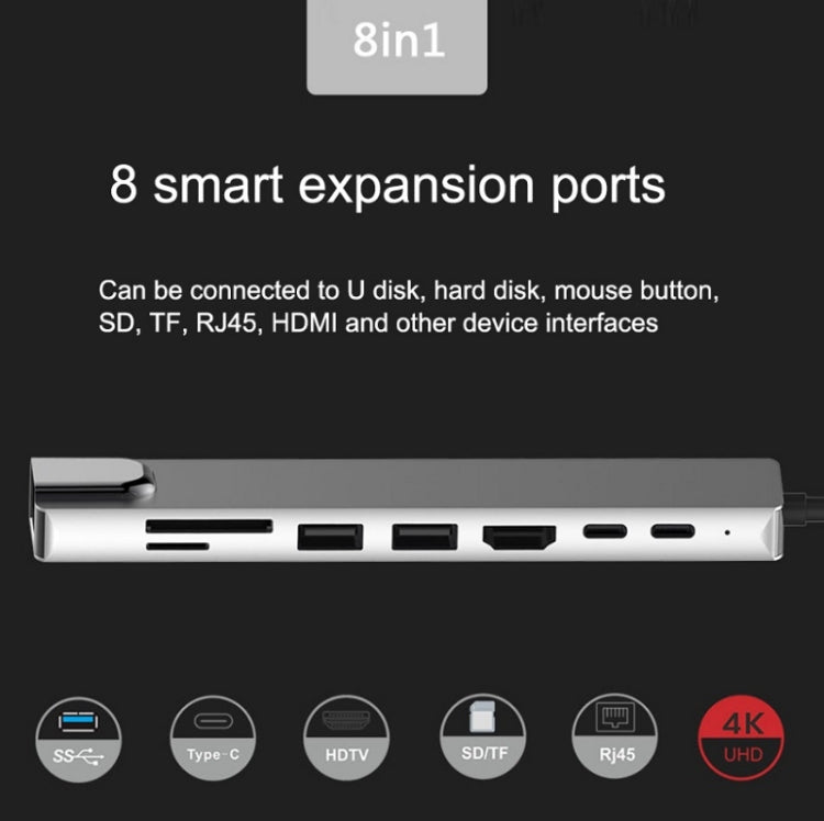 WC7367 8 in 1 87W Type-C to PD+USB3.0/USB2.0+SD+TF+HDMI+RJ45+Type-c Docking Station HUB, WC7367