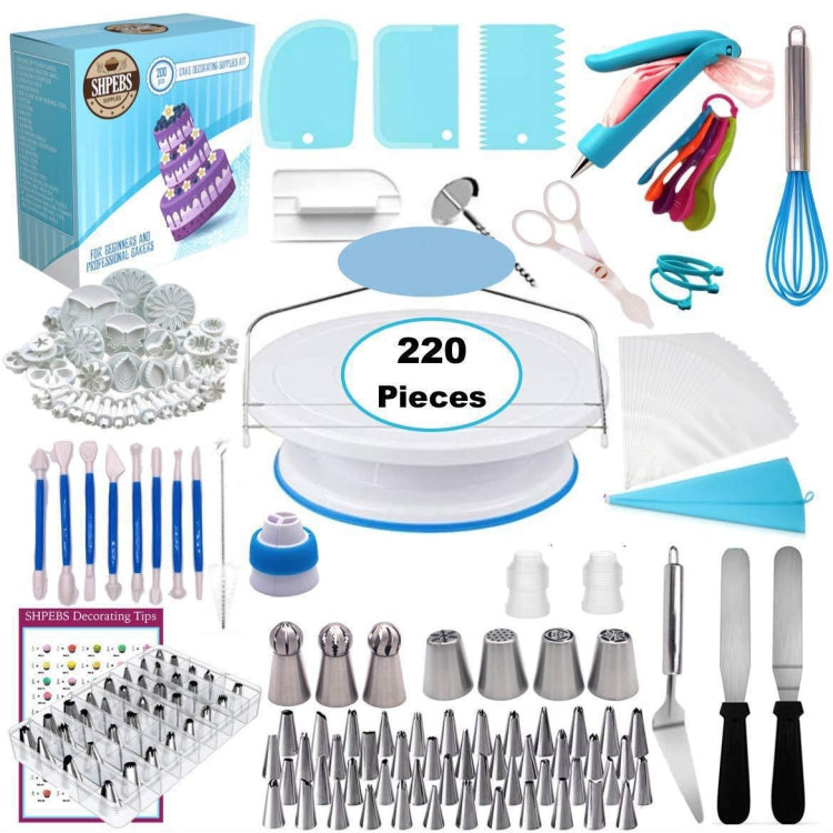 220 in 1 Cake Turntable Decorating Nozzle Set Baking Tool Fondant Mold Set, 220 PCS/Set