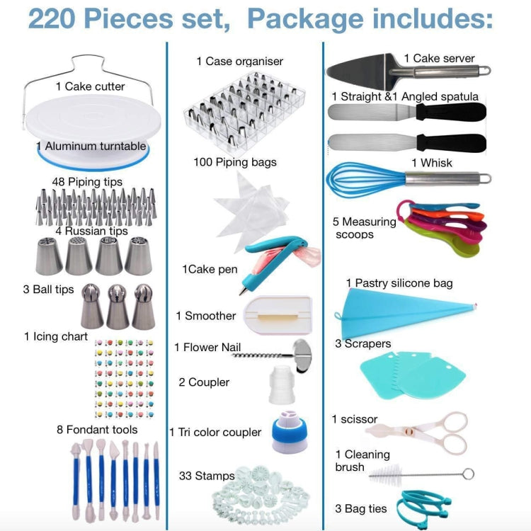 220 in 1 Cake Turntable Decorating Nozzle Set Baking Tool Fondant Mold Set, 220 PCS/Set