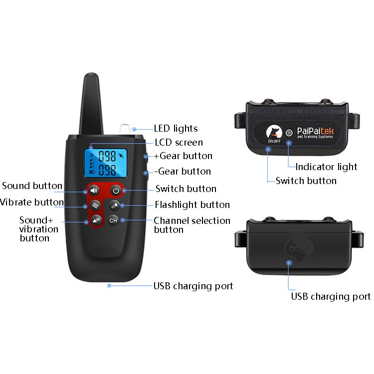 PaiPaitek PD526V-2 1 In 2 100-Speed Sound Vibration Remote Control Training Dog Device Anti-Barking Device Electronic Remote Control Collar, PD526V-2