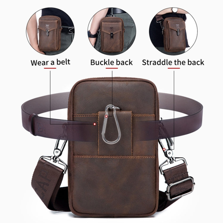 BULL CAPTAIN 076 Retro Leather Mobile Phone Waist Bag Men Leather Messenger Bag, Black, Brown