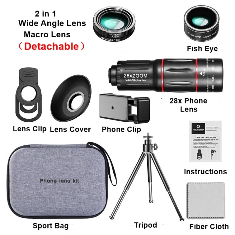 Universelles Handy-Objektiv-Set: 28-fach-Teleskop + 0,6-fach-Weitwinkel + 20-fach-Makro + 198-Grad-Fischauge, Multikombinations-Set