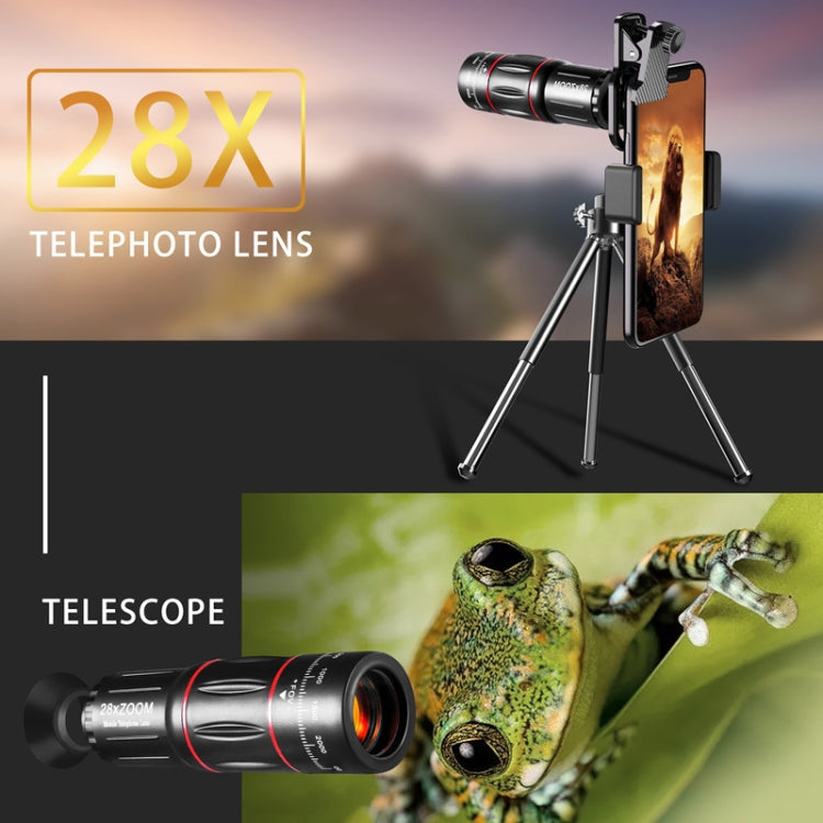 Universelles Handy-Objektiv-Set: 28-fach-Teleskop + 0,6-fach-Weitwinkel + 20-fach-Makro + 198-Grad-Fischauge, Multikombinations-Set