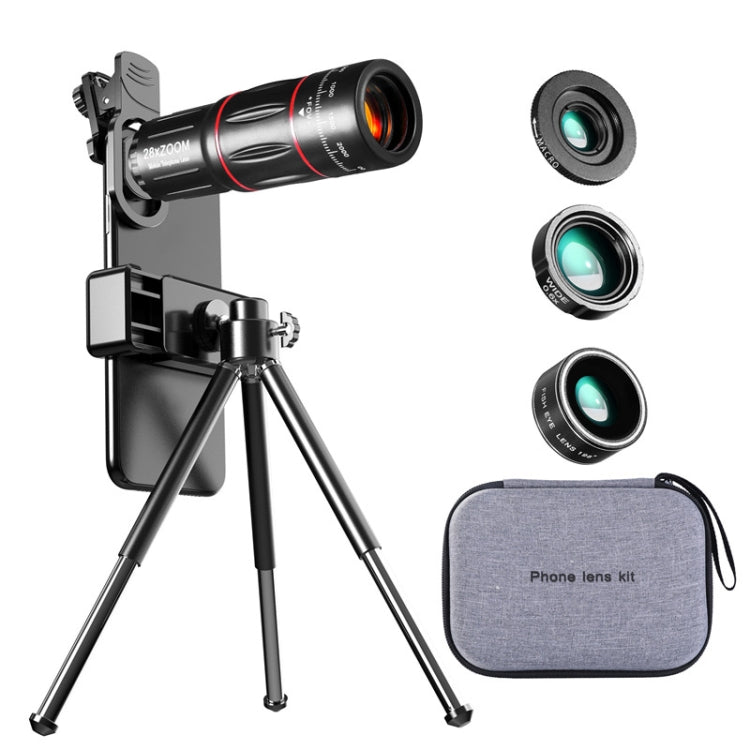 Universelles Handy-Objektiv-Set: 28-fach-Teleskop + 0,6-fach-Weitwinkel + 20-fach-Makro + 198-Grad-Fischauge, Multikombinations-Set