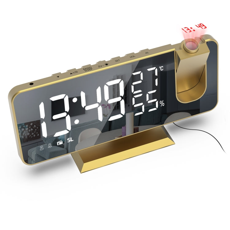 Digitaler LED-Projektionswecker mit Spiegelfläche, Temperatur- und Feuchtigkeitsanzeige (Gold + weiße Schrift)