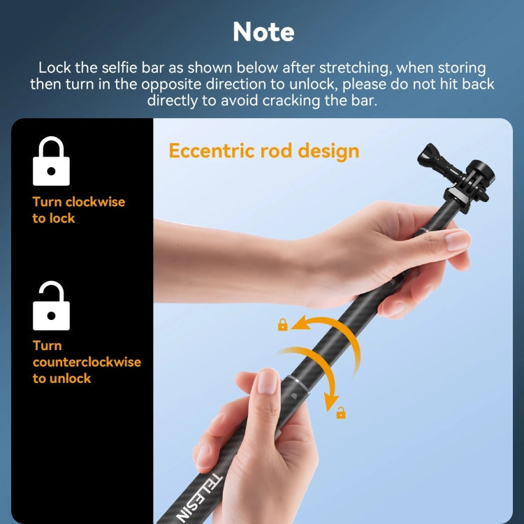 TELESIN 1.2m Carbon Fiber Monopod Selfie Stick With 1/4 Screw For DJI, Insta360, GoPro and Other Action Cameras, 1.2m